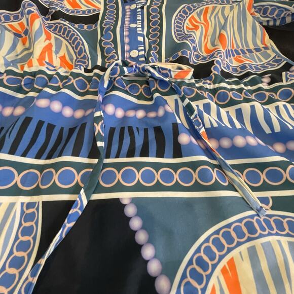 Boutique Printed Balloon Sleeve Coastal Dress Tie Waist Mini Flare Size Small - Picture 10 of 13